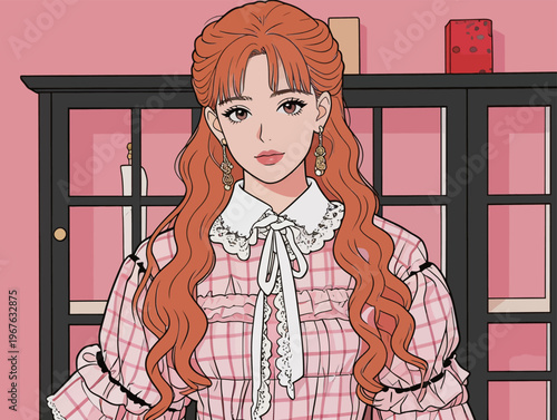 Female character with long orange hair in pink dress stands in a room with black furniture and pink walls