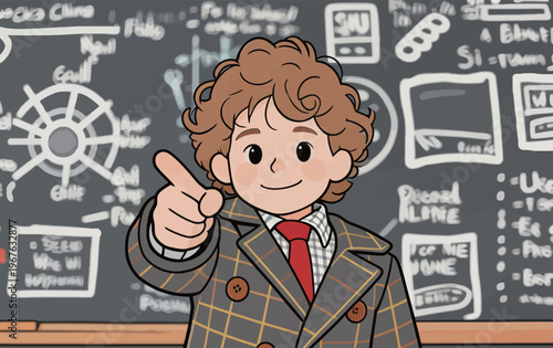Child shows thumbs up in classroom with blackboard filled with notes and drawings during school hours on a weekday