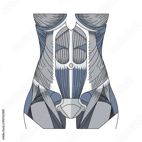 Detailed anatomical illustration of human abdominal and pelvic muscles, showcasing core strength and lower torso musculature for medical and fitness concepts
