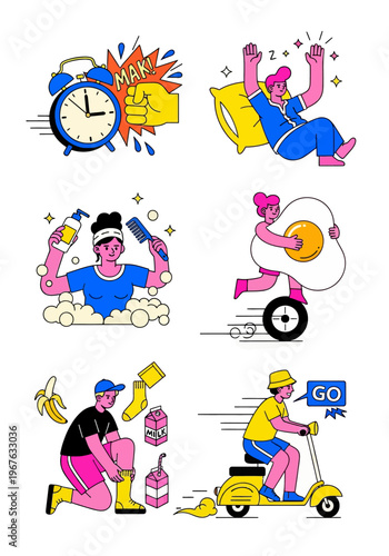 Funky morning routine vector set. Characters waking up, smashing alarm clock, showering, eating breakfast, getting dressed, and commuting on scooter. Colorful cartoon daily lifestyle illustrations.