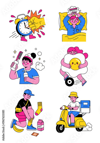 Funky morning routine vector set. Characters waking up, smashing alarm clock, showering, eating breakfast, getting dressed, and commuting on scooter. Colorful cartoon daily lifestyle illustrations.