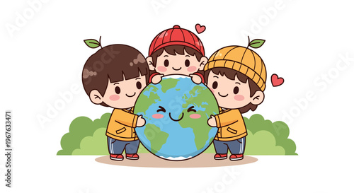 Horizontal illustration of three cute chibi children hugging a large smiling anthropomorphic Earth globe with green bushes in background, themed for Earth Day and ecology.