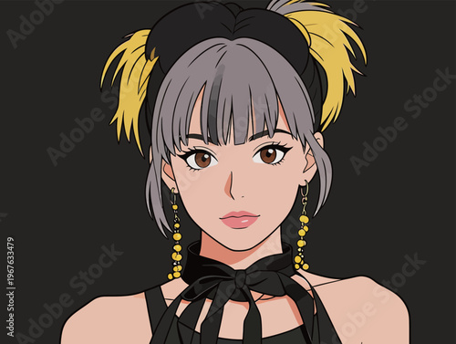 Young adult in black outfit with yellow accessories poses with a neutral expression in a dark setting while showcasing her style