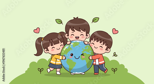 Three cute chibi children, two boys and a girl, hugging a smiling personified Earth globe with hearts and leaves on a green hill. Flat vector illustration for Earth Day concept.