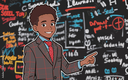 Young boy points at a colorful blackboard filled with notes and drawings in a classroom setting during the day