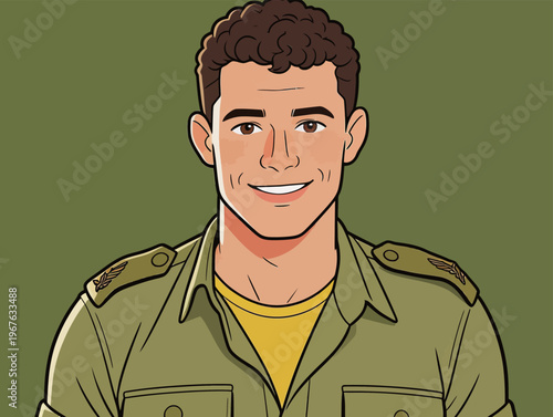 Young soldier smiles in uniform during training session in military camp on a sunny day