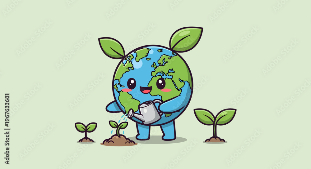 Obraz premium Cute chibi planet Earth mascot character watering small green plant sprouts with a gray watering can, featuring green leaves on top of globe, environmental conservation concept.