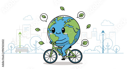 Cute chibi planet Earth mascot character riding a green bicycle through a city park with floating leaves, featuring line art background for eco-friendly sustainability concepts.