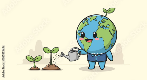 Cute chibi planet Earth mascot character wearing a blue shirt watering small green plant sprouts with a watering can, environmental conservation and ecology vector illustration.