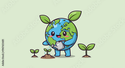 Cute chibi planet Earth mascot character watering small green plant sprouts with a gray watering can, featuring green leaves on top of globe, environmental conservation concept.