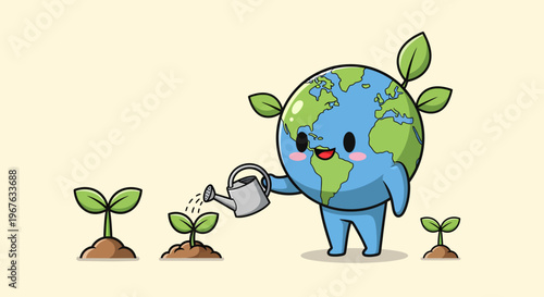 Cute chibi planet Earth mascot character watering young green saplings with a metal watering can, environmental conservation and sustainability concept vector illustration.