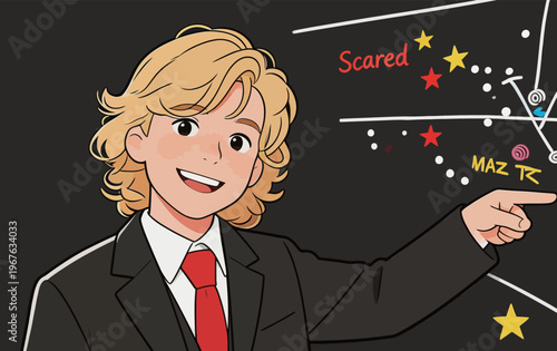 Young boy in suit explains a concept with enthusiasm in classroom setting while pointing at a board with colorful markings