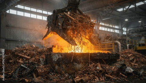 Medium shot capturing mixed copper scrap being loaded into a hightemperature furnace in an indoor smelter yard highlighting sustainable metal recovery.