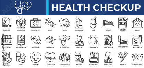Health Checkup icon set collection. Containing genetic, connectivity, anatomy, cog, info, lab, report .Line vector icons collection