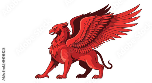 Majestic Red Griffin Mythical Creature with Spread Wings, Heraldic Symbol