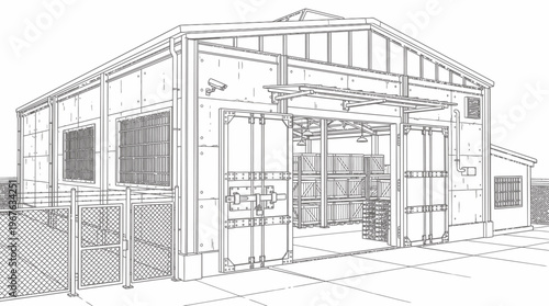 Detailed line drawing of an industrial warehouse building with open doors revealing stacked boxes inside, featuring a fence and ramp.