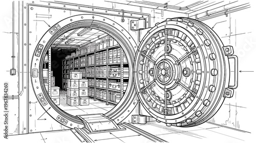 Detailed line drawing of an open bank vault door revealing a secure storage room filled with shelves and numerous boxes.