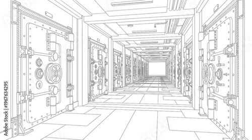 Detailed line drawing of a long, secure corridor with multiple intricate vault doors on both sides, leading to a bright opening at the far end.