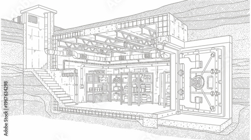Detailed cross-section diagram of a secure underground bunker with a heavy vault door and internal infrastructure.