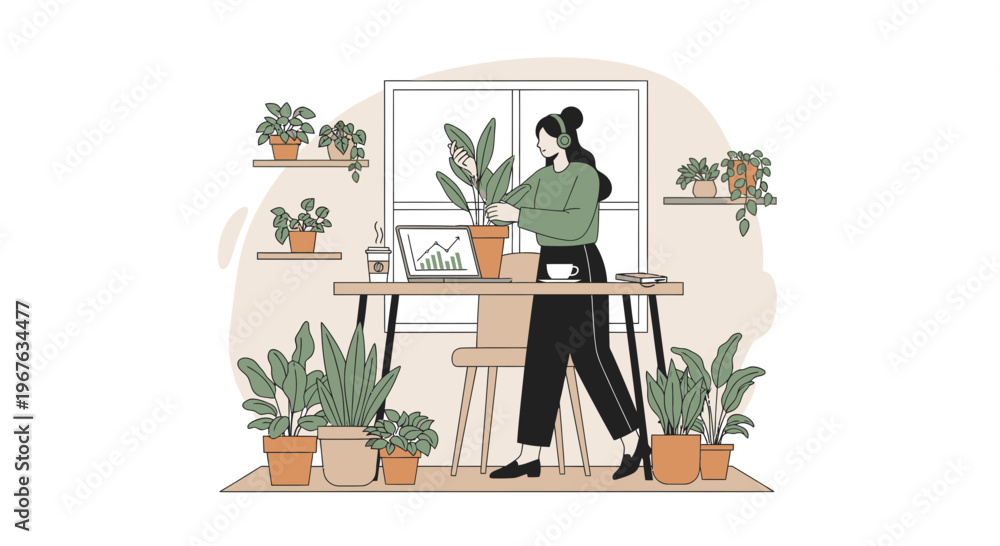 Fototapeta premium Woman tending to houseplants in a bright, modern home office with a laptop