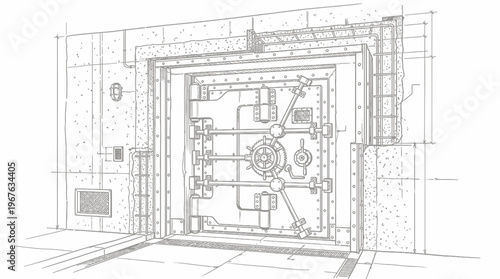 Detailed architectural sketch of a massive, secure bank vault door with complex locking mechanisms and heavy construction.