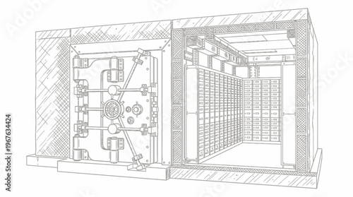 Detailed sketch of a secure bank vault interior with a massive door and numerous safe deposit boxes, rendered in a technical drawing style.