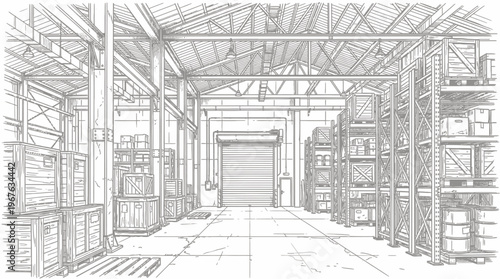 Detailed line art sketch of an empty industrial warehouse interior with storage racks, crates, and a large roll-up door.