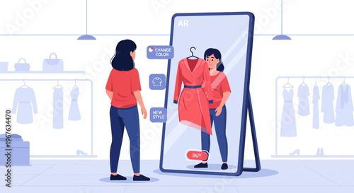 Woman trying on dress using augmented reality mirror in clothing store