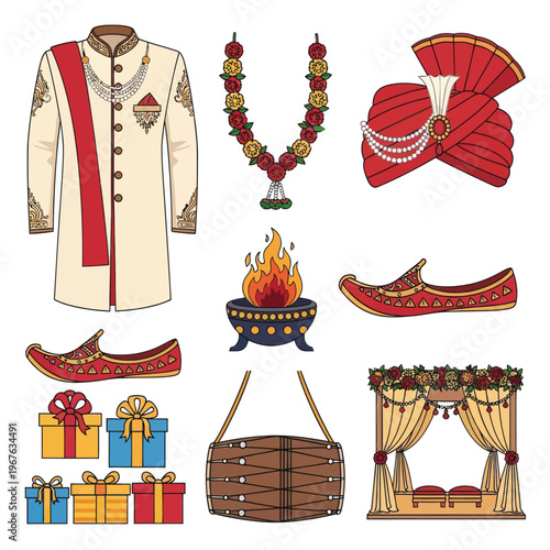 Traditional indian wedding attire and ceremony elements arranged in a flat lay style, featuring a groom's sherwani, turban, garland, and gifts against a white background.