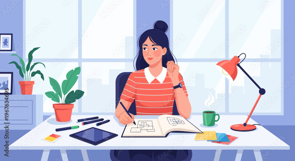 Fototapeta premium Young woman architect designing building plans at her desk in a bright modern office