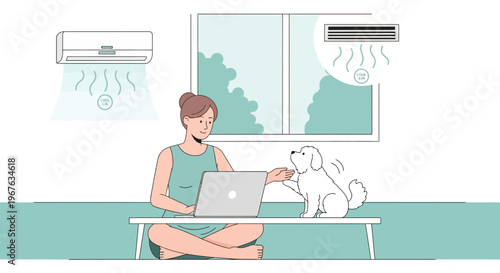 Woman working from home with dog, enjoying cool air from air conditioners