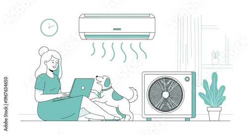 Woman working on laptop with dog next to air conditioner, cool air blowing