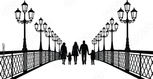 Silhouette of a family walking on a bridge with vintage street lamps for city travel, evening stroll, and togetherness concepts.
