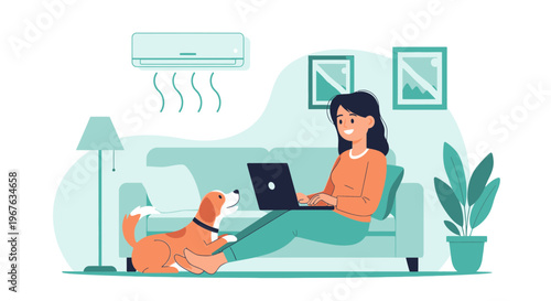 Woman Working on Laptop with Dog on Couch, Air Conditioner Cooling Room
