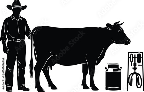 Silhouette of a farmer standing with a dairy cow and milk production equipment including a metal milk can and milking machine on white background.