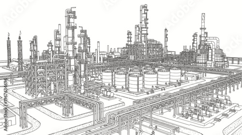 Detailed wireframe blueprint of a large industrial oil refinery or chemical plant.