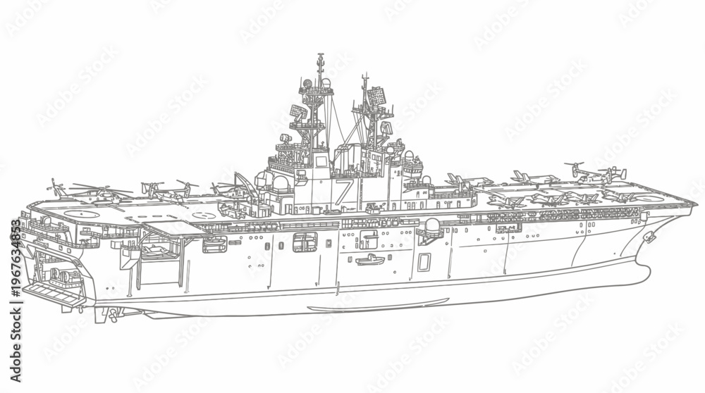 Fototapeta premium Detailed line drawing of a large modern naval aircraft carrier or amphibious assault ship with aircraft on deck.