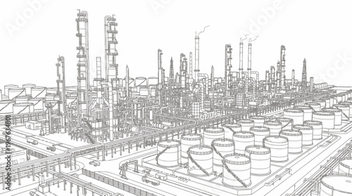 Detailed wireframe drawing of a large industrial oil refinery or chemical plant with numerous towers, pipes, and storage tanks under a clear sky.