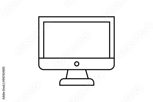The image features a minimalist, black-and-white outline of an All-in-One (AiO) computer or a modern desktop monitor, similar in design to an Apple iMac.