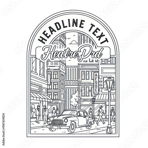 Vintage Car Driving Through Bustling City Street Scene.