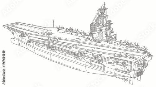 Detailed line drawing of a large aircraft carrier with multiple aircraft on deck.