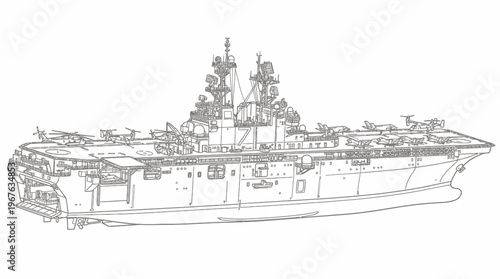 Detailed line drawing of a large modern naval aircraft carrier or amphibious assault ship with aircraft on deck.
