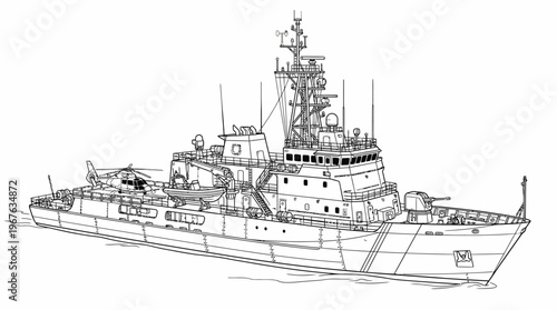 Detailed line drawing of a modern warship with a helicopter on its flight deck, showcasing its complex structure and equipment.