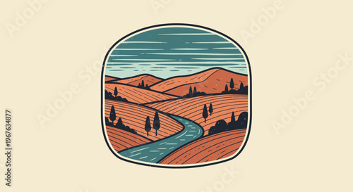 Vintage Landscape Illustration with Rolling Hills and River.