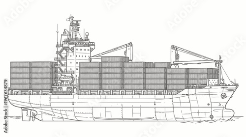 Detailed line drawing of a large container ship loaded with cargo, viewed from the side, illustrating maritime transport.