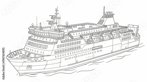 Detailed line drawing of a large passenger and car ferry sailing on water, depicted in a monochrome outline style.