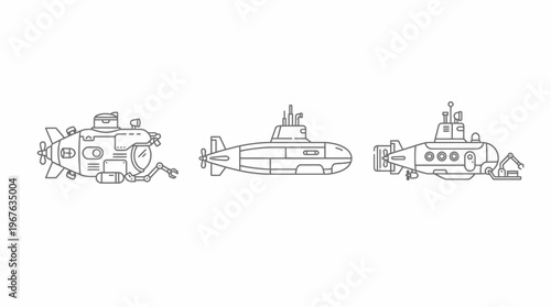 Three distinct line art illustrations of submarines, showcasing various designs from compact exploration vessels to classic and robust underwater craft.