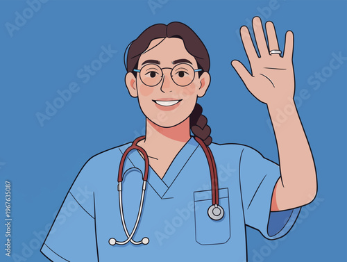 Healthcare worker waves while wearing blue scrubs and stethoscope in a bright, simple background during daytime