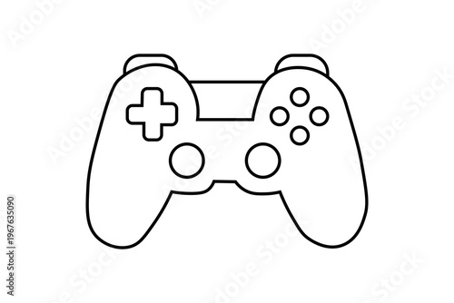 The image features a black and white line drawing of a modern game controller, modeled after the classic dual-handle design