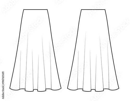 Women's high waisted flared maxi skirt with long A-line silhouette technical fashion flat sketch vector template illustration front and back view apparel CAD mock up
